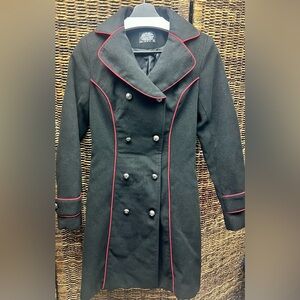 Hearts & Roses- Hot Topic, Stylish Black Pea‎ Coat with Red Accents, Size:6